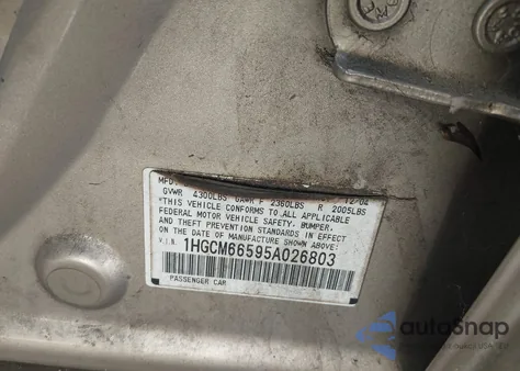 2005 Honda Accord 3.0 Ex из США, поврежденный, VIN 1HGCM66595A026803